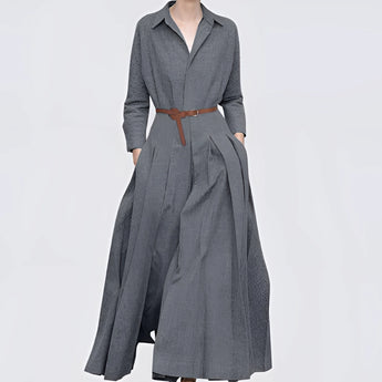Elegant women's grey wool blend maxi trench coat with a wide collar, featuring long sleeves and a tailored waist, in size XL.