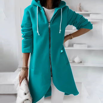 Elegant women's long hooded cardigan in light green with asymmetrical zipper, featuring long sleeves and a comfortable fit in a 5XL size.