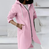 Elegant women's long hooded cardigan with asymmetrical zipper in pink, featuring long sleeves, a relaxed fit, and designed in a 5XL size, highlighting details like the sleeve and collar.