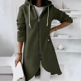 Elegant women's dark green long hooded cardigan with an asymmetrical zipper, featuring a fashionable design with long sleeves and a comfortable fit in size 5XL.