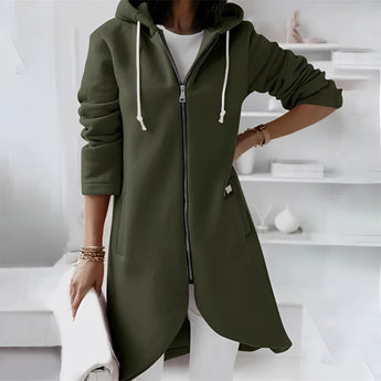 Elegant women's dark green long hooded cardigan with an asymmetrical zipper, featuring a fashionable design with long sleeves and a comfortable fit in size 5XL.