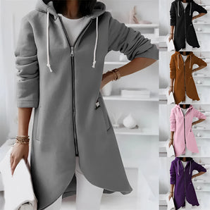 Elegant women's long hooded cardigan with asymmetrical zipper in black and white, featuring a stylish design with a focus on fashion-forward elements like a unique zipper closure, long sleeves, and a flattering fit around the shoulder and waist.