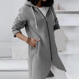 Elegant women's long hooded cardigan in gray, featuring an asymmetrical zipper design, modeled by a person wearing sunglasses. The cardigan has long sleeves and a stylish collar, providing a trench coat-like appearance, shown in size 5XL.