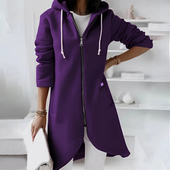 Elegant purple women's long hooded cardigan in 5XL size featuring an asymmetrical zipper design. The cardigan showcases a stylish and modern look with a comfortable fit, long sleeves, and a fashionable collar, perfect for adding a chic touch to any outfit.