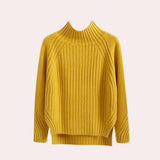 Elegant women's ribbed mock neck sweater in a yellow XL size, featuring long sleeves and a turtleneck knit design.