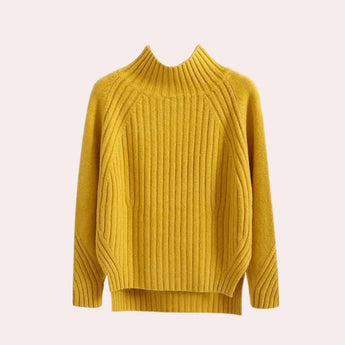 Elegant women's ribbed mock neck sweater in a yellow XL size, featuring long sleeves and a turtleneck knit design.
