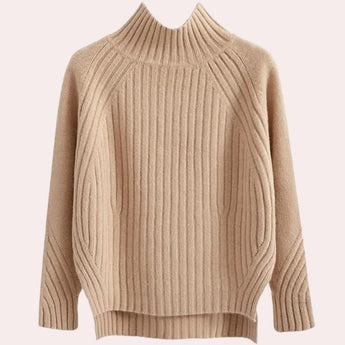 Elegant cream-colored women's ribbed mock neck sweater featuring a turtleneck design, long sleeves, and a cozy knit texture, shown in an apricot XL size.