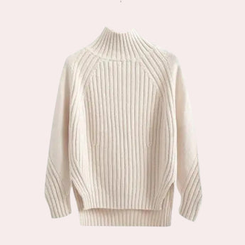 Elegant Women's ribbed mock neck sweater in a cream color, designed with a turtleneck and long sleeves, displayed on a clothes hanger.