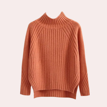 
An elegant women's ribbed mock neck sweater in a soft cream color, featuring a classic turtleneck design. The sweater has long sleeves and a comfortable, stretchy knit fabric, perfect for casual or formal settings.
