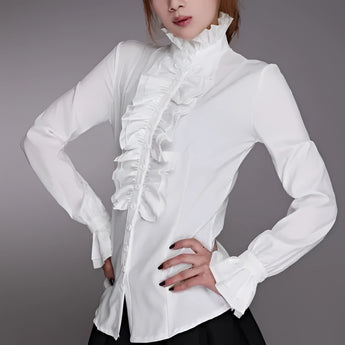 Elegant women's ruffle blouse in white, featuring long sleeves, a ruffled collar, and a classic French fashion design. The blouse is styled on a mannequin showcasing the 2XL size, emphasizing the waist and neck area.