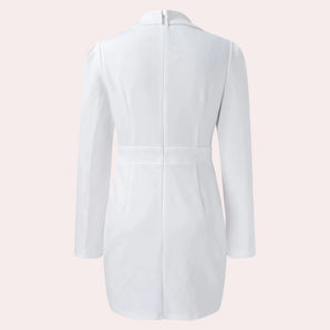 Elegant women's slim fit white tailored long sleeve formal coat with a structured collar and button-down front, resembling a sophisticated dress shirt style.