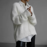 Elegant women's soft fur oversized sweater in white, XL size, featuring plush material and long sleeves, suitable for winter fashion.