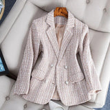 Elegant women's tweed blazer in a chic monochrome rose color, size 3XL, featuring a textured textile finish with a formal collar, long sleeves, and tailored fit suitable for office wear.