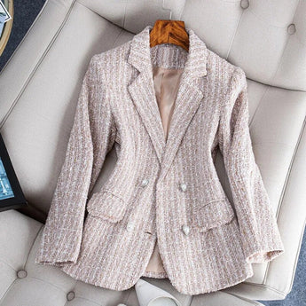 Elegant women's tweed blazer in a chic monochrome rose color, size 3XL, featuring a textured textile finish with a formal collar, long sleeves, and tailored fit suitable for office wear.