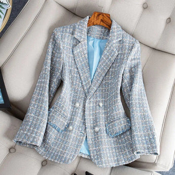 Elegant women's blue tweed blazer in 3XL, featuring a chic monochrome design, formal collar, and long sleeves, perfect for office wear.