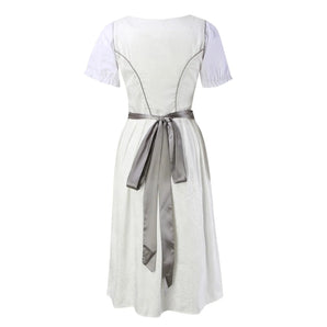 Elegant women's white midi dress with floral lace detailing, puff sleeves, and an A-line silhouette.