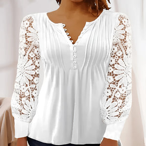 Elegant Women's White Lace Sleeve Blouse with V-Neck and Floral Design, featuring delicate lace sleeves and sophisticated neckline.