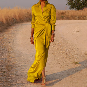 Elegant Yellow Satin Maxi Dress - Long Sleeve, High Slit Gown
