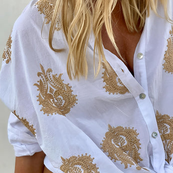 White embroidered boho loose fit blouse with long sleeves and a yellow decorative design, featuring a wide collar and loose waist, perfect for summer fashion chic in XXL size.