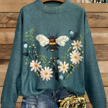 Embroidered floral denim blue sweater featuring a nature-inspired bumblebee design, shown in turquoise on a 3XL size. The sweater has long sleeves and a round collar, with intricate floral patterns embroidered throughout.