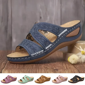 Embroidered Floral Women's Sandals in Comfortable Blue, showcasing a summer slide design with intricate floral embroidery on a brown base.