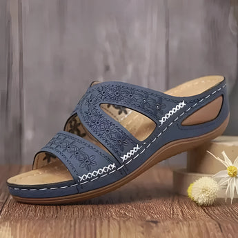 Embroidered Floral Women's Sandals - Comfortable Blue Summer Slides with brown sole and intricate floral design.
