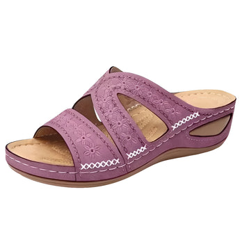 Embroidered Floral Women's Sandals in Purple, size 43, with a comfortable blue slide design featuring intricate floral patterns.