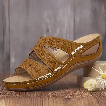 Embroidered Floral Women's Sandals in Blue, featuring a comfortable summer slide design with intricate floral patterns.