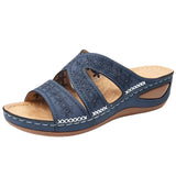 Embroidered blue women's sandals with floral design, comfortable summer slides, size 43.