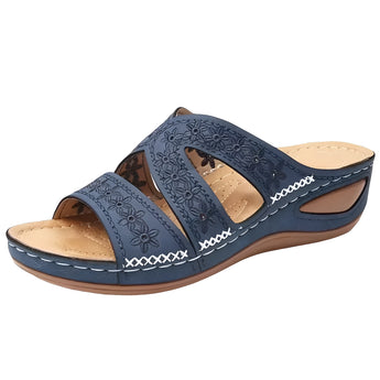 Embroidered blue women's sandals with floral design, comfortable summer slides, size 43.