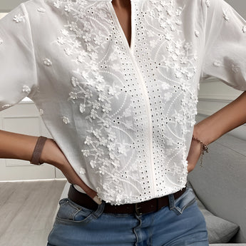 White floral lace blouse with short sleeves and eyelet detailing, shown in XL size.