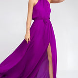 Emerald green halter neck maxi dress made of chiffon, designed for bridesmaid or gala events, shown in a Viola color variant in 2XL size. The dress features a flowing silhouette with a fitted waist and sleeveless design.