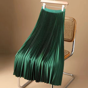 Emerald Green Satin High-Waist Pleated Maxi Skirt