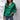 Emerald green satin long sleeve button-down blouse with a collared neck, designed in a plus size (2XL).