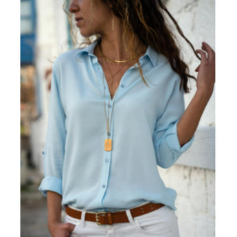 Emerald Green Silk Blouse with long sleeves and a satin finish, featuring a luxurious design perfect for spring fashion; shown in light blue in size XXXL.