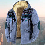 Men's XL ethnic Aztec tribal print hoodie in blue, featuring a winter jacket design with long sleeves and a collar, set against a sky backdrop.