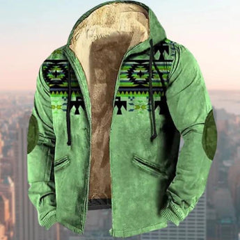 Men's green Aztec tribal print hoodie with long sleeves and a collar, shown in an outdoor setting against a clear sky, XL size.