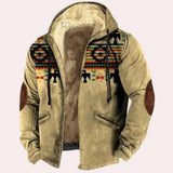 Men's winter hoodie featuring an ethnic Aztec tribal print, showcasing long sleeves and a collar, styled as a jacket.