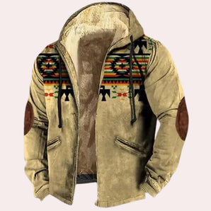 Men's winter hoodie featuring an ethnic Aztec tribal print, showcasing long sleeves and a collar, styled as a jacket.