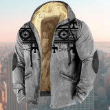 Men's gray ethnic Aztec tribal print hoodie jacket featuring long sleeves, a collar, and multiple pockets, suitable for winter wear.