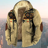 Men's winter jacket featuring an ethnic Aztec tribal print in apricot color, shown in XL size. The hoodie has a prominent collar and sleeves, suitable for outerwear in cool weather. The background includes a clear sky, adding a serene outdoor context.