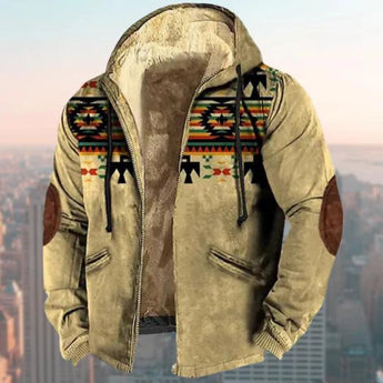 Men's winter jacket featuring an ethnic Aztec tribal print in apricot color, shown in XL size. The hoodie has a prominent collar and sleeves, suitable for outerwear in cool weather. The background includes a clear sky, adding a serene outdoor context.