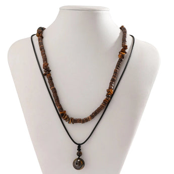 Ethnic Tribal Wooden Bead Necklace - Bohemian Adjustable Statement Jewelry featuring natural wooden beads, worn around the neck.