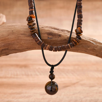 Ethnic Tribal Wooden Bead Necklace with Bohemian Adjustable Design on Display.
