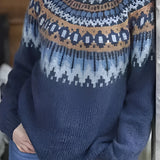 Fair Isle Women's Crew Neck Nordic Knit Sweater in blue, size 2XL, featuring a cozy winter fashion design with patterned sleeves and collar.