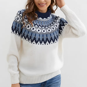 Fair Isle Women's Crew Neck Nordic Knit Sweater in white, size 2XL, featuring long sleeves and a cozy fit, worn by a smiling woman.