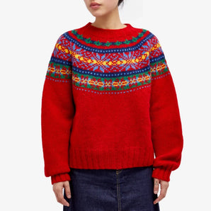 Fair Isle Women's Red Wool Floral Knit Ethnic Sweater, Warm Winter