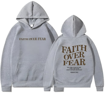 Gray Faith Over Fear Hoodie in size 5XL with Christian Psalms 118:6 inspirational message. The hoodie features long sleeves, a hood, and a comfortable jersey fabric with a printed font on the front.