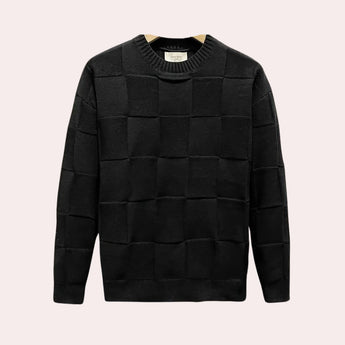 Men's designer sweater in black, featuring a luxe faux crocodile embossed knit pattern, long sleeves, and a classic crew neckline.
