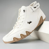 Men's white high-top designer sneakers styled for urban streetwear, featuring a sleek and modern design ideal for outdoor activities and walking.